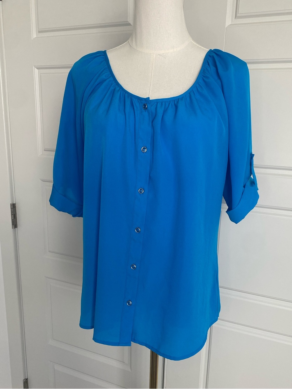 Express Cobalt Blue Roll Tab Sleeve Button Front Blouse Top Size M
